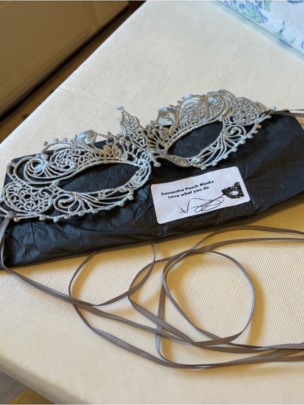 Samantha Peach Silver Lace Venetian Masquerade Mask with Ribbon Tie